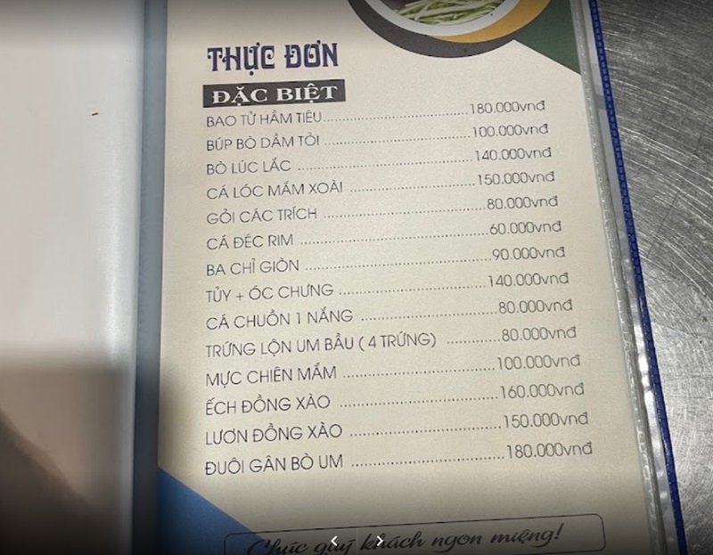 Menu quán nhậu Cây Khế Đà Nẵng đa dạng các món và giá cả phải chăng.