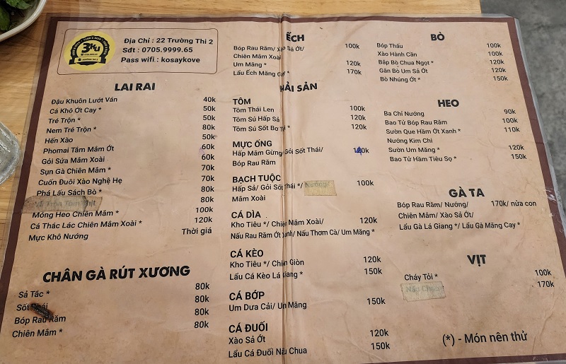 Menu quán nhậu 3ku Đà Nẵng.