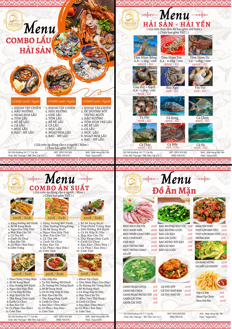 Menu nhà hàng Hải Yến Cát Bà.