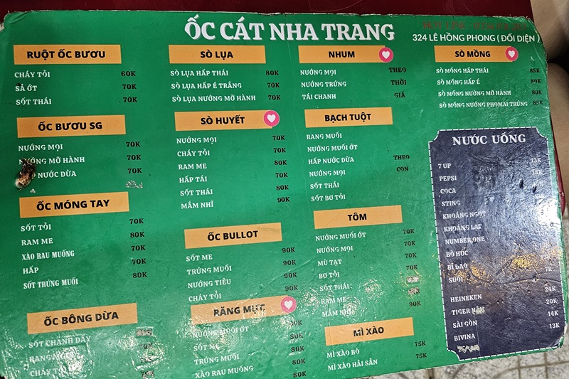 Menu quán ốc Cát Nha Trang.