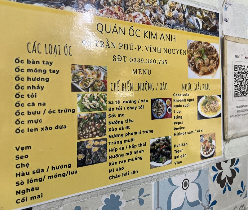 Menu quán ốc Kim Anh Nha Trang.